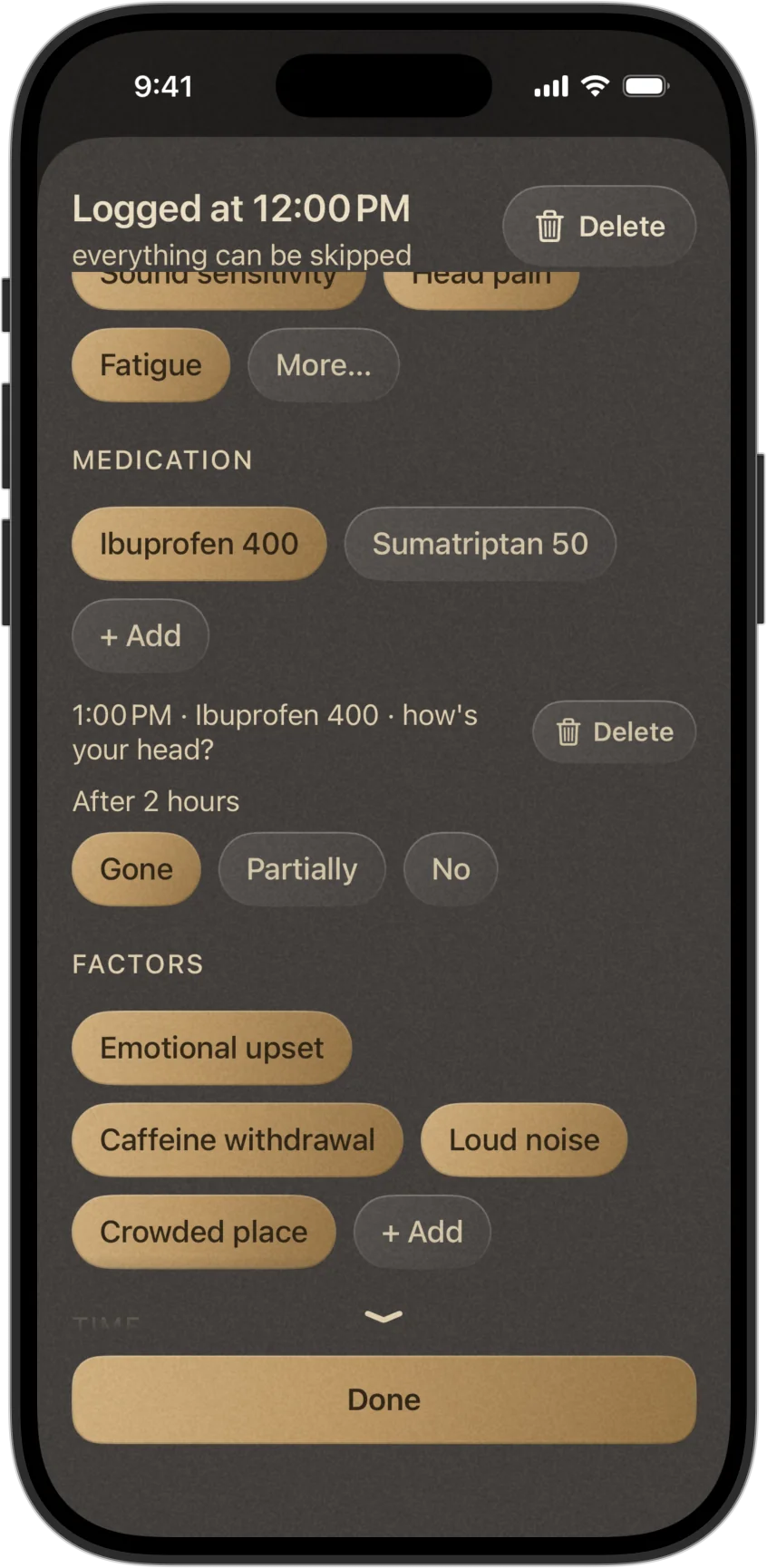 An attack entry: ibuprofen 400 at 1 PM with the answer Gone after two hours, and the factors - emotional upset, caffeine withdrawal, loud noise, crowded place.