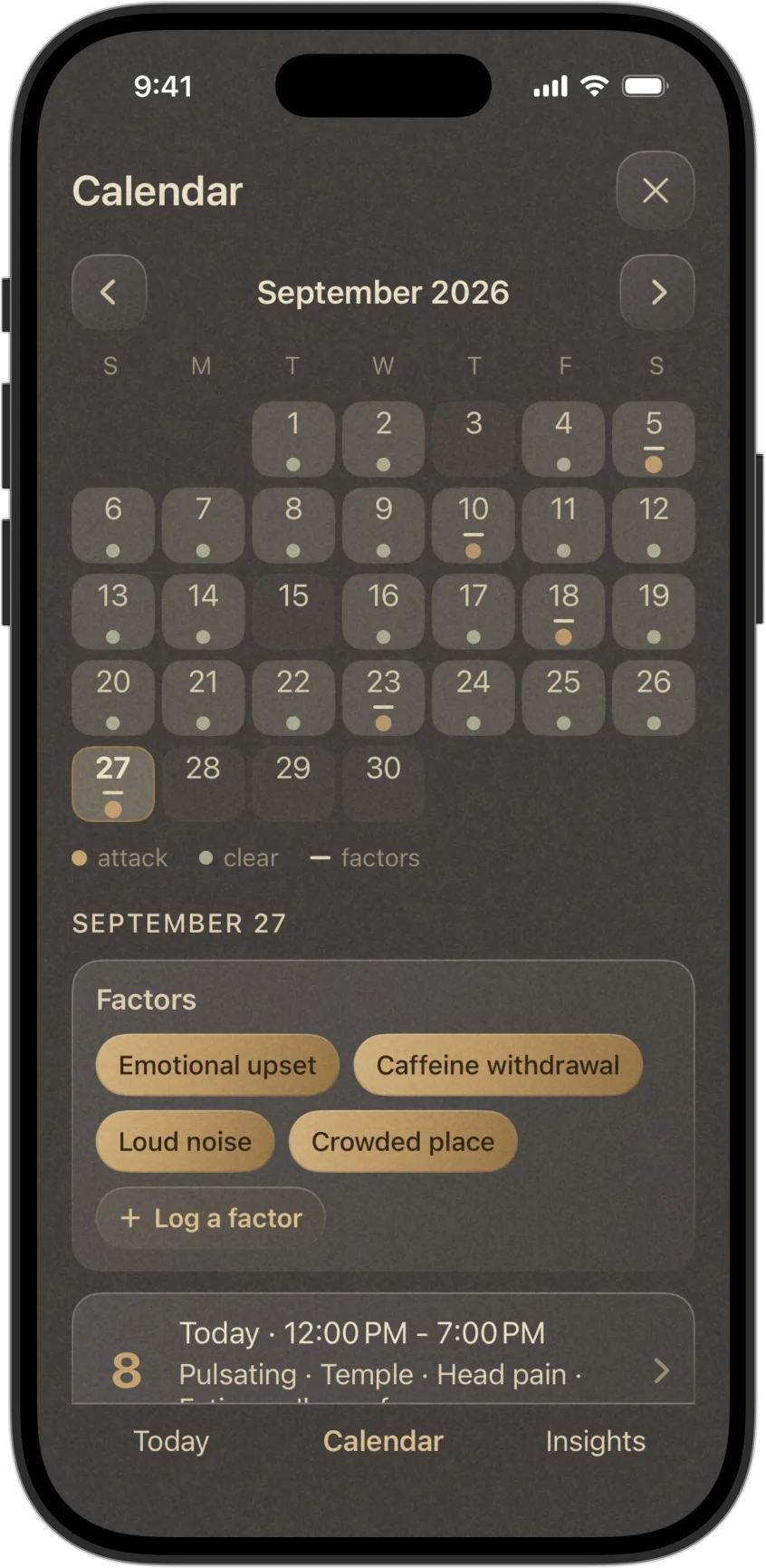 Calendar for September: green dots on clear days, amber dots on attack days, short marks under days with factors. Today is selected and shows its attack and factors.