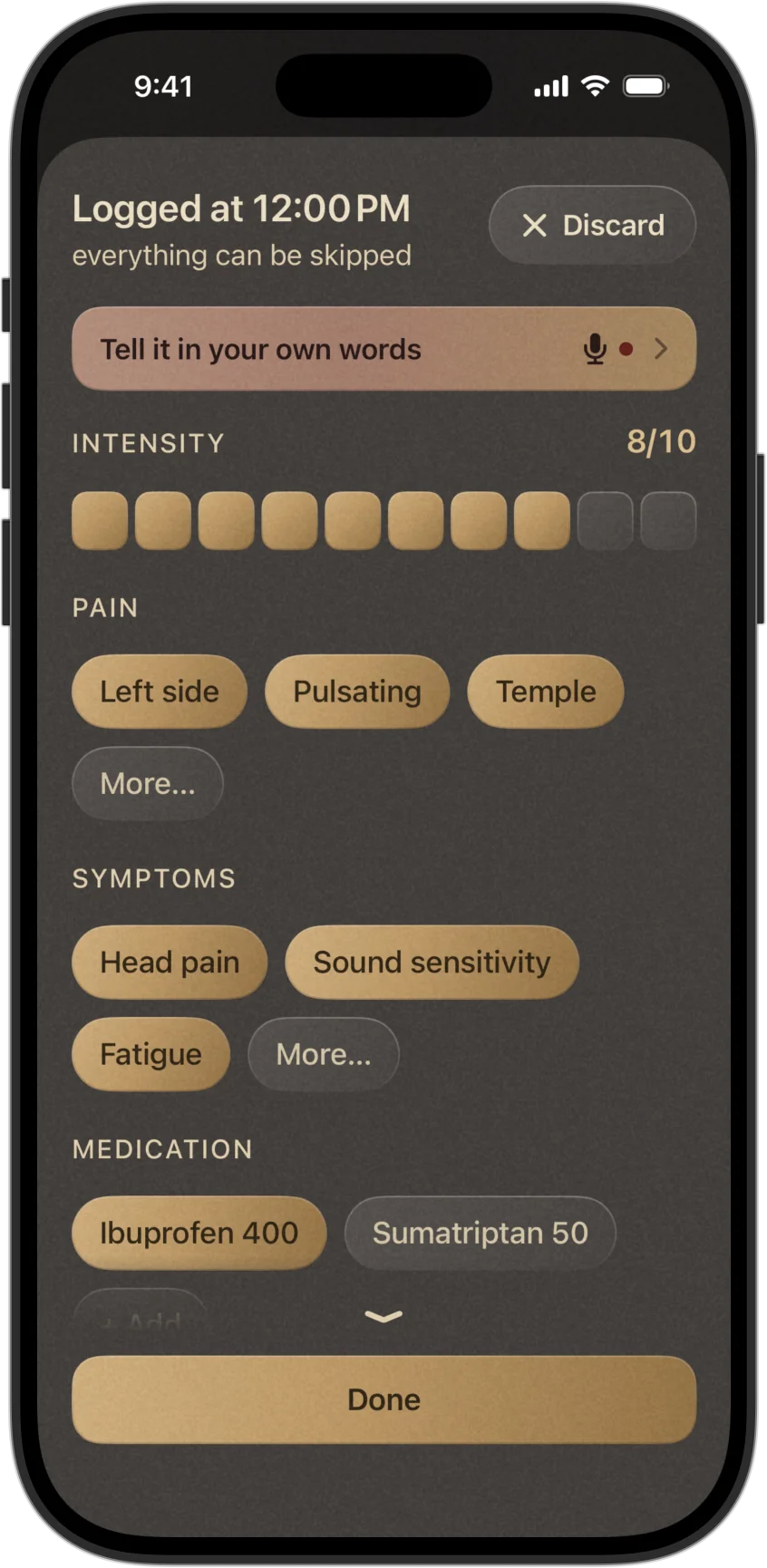The attack entry filled in from that story: intensity 8 of 10, left side, pulsating and temple pain, head pain, sound sensitivity and fatigue, ibuprofen 400.